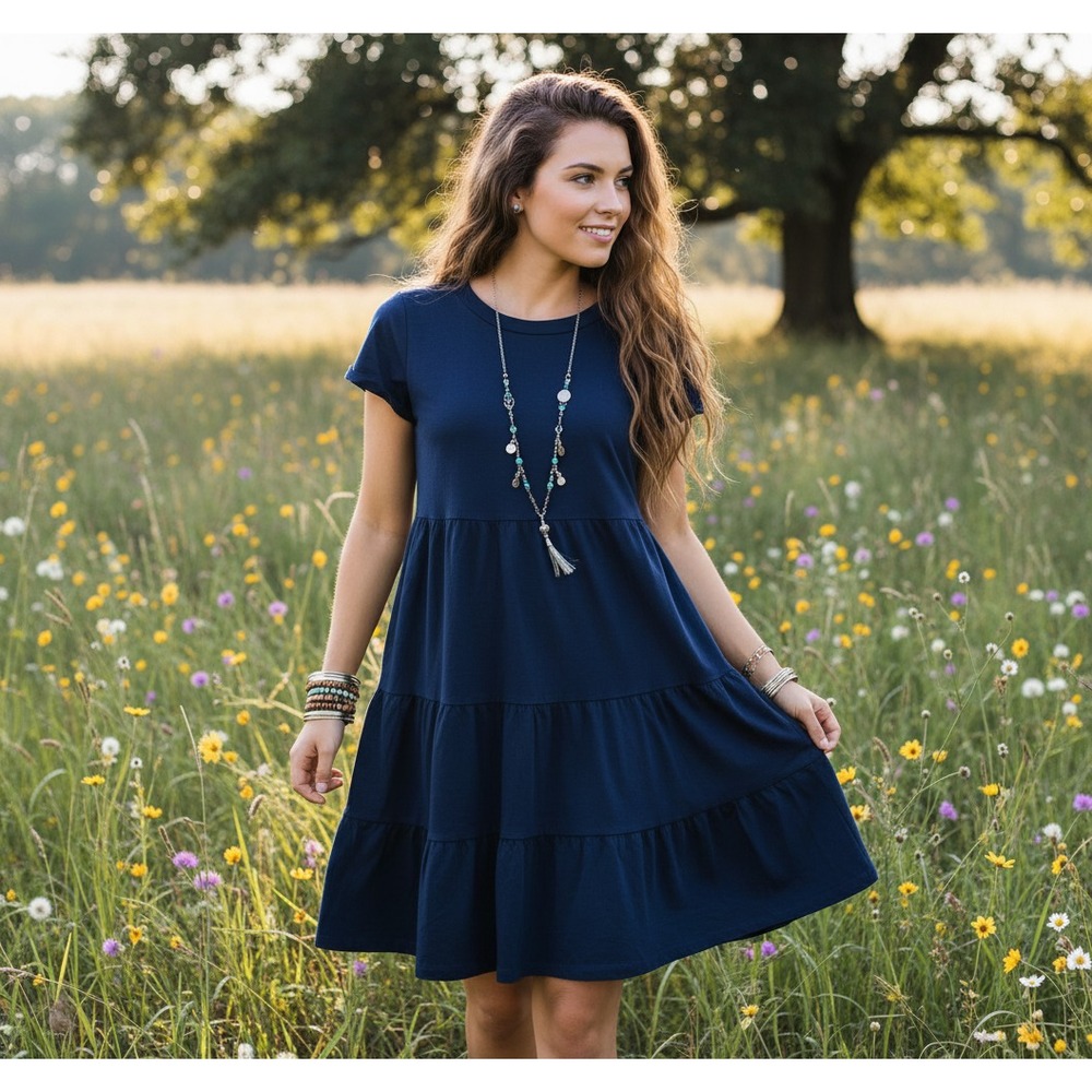 Time & Tru Mini Dress Blue Tiered Swing Pockets Boho Office Coastal Peasant Sz S